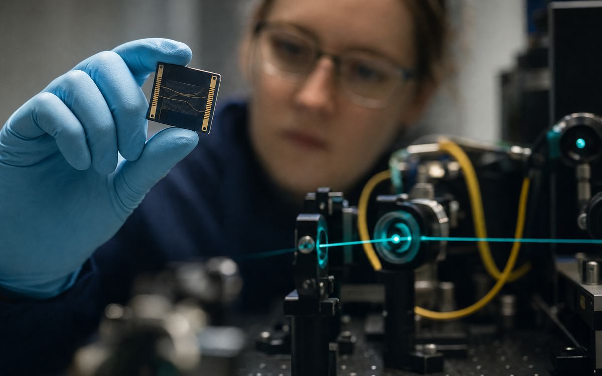 Onderzoeker met een fotonische chip bij een optische testopstelling